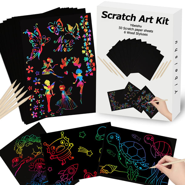 Yibeishu Scratch Art Set, 56-Piece, Black Paper Sheets Notes Cards Boards and Doodle Pads, 7.2 x 5 Inches, Kids Crafts Projects Kit