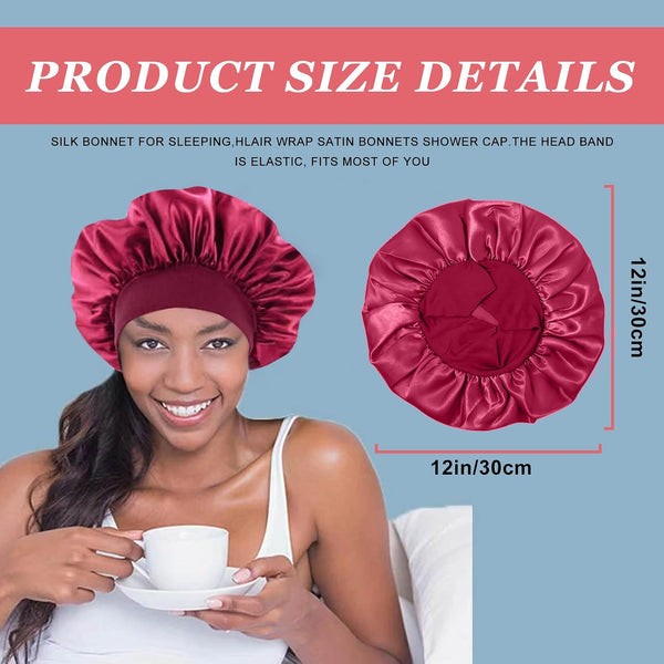 4PCS Silk Bonnet for Sleeping,Hair Wrap Satin Bonnets Shower Cap for Black Women Men, Elastic Wide Band Hair Bonnet Cap for Sleeping Curly