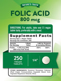 Nature's Truth Folic Acid | 800 mcg | 250 Tablets | Vegan, Non-GMO & Gluten Free Supplement 1 Count (Pack of 250)