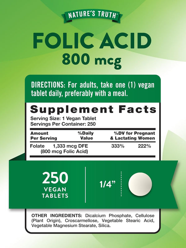 Nature's Truth Folic Acid | 800 mcg | 250 Tablets | Vegan, Non-GMO & Gluten Free Supplement 1 Count (Pack of 250)