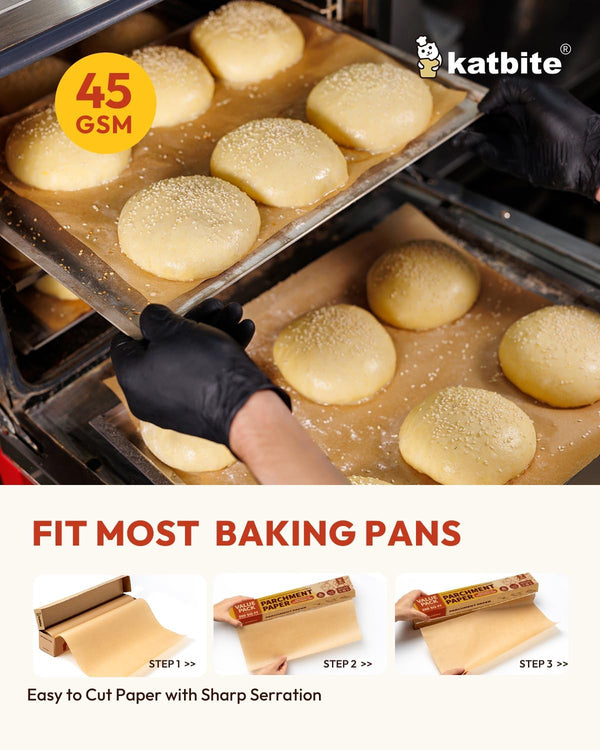 Katbite Unbleached Parchment Paper Roll, 15in x 242ft, 300 Sq.Ft, Non-Stick with Serrated Cutter for Baking, Cooking, Air Fryer 15 in x 242 ft