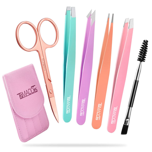 Tsmaddts 6 PCS Tweezers Set for Women, Eyebrow Tweezers with Curved Scissor for 