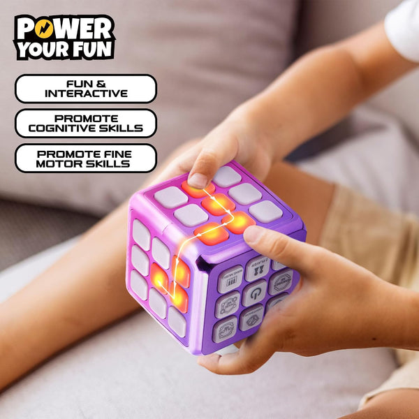 Power Your Fun Cubik LED Flashing Cube Memory Game - Electronic Handheld Game STEM Toy, 5 Brain Memory Games for Kids Brain Play Sensory Toys