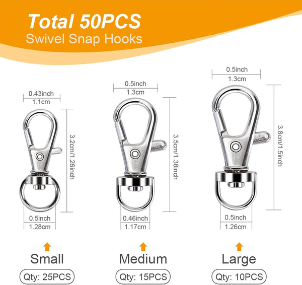 100PCS Swivel Snap Hooks with Key Rings, Premium Metal Swivel Lobster Claw Clasps Assorted Sizes (Large, Medium, Small) for Keychain Clip Lanyard,
