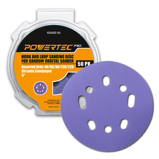 POWERTEC PRO 50PK, 5 Inch Sanding Discs Hook and Loop, 40/60/80/120/220 Grit, Zirconia Orbital Sander Sandpaper for 5 & 