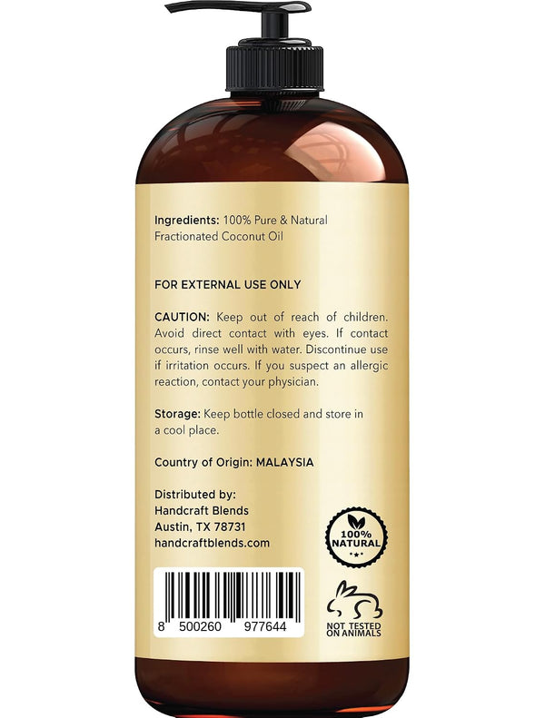 Handcraft Blends Fractionated Coconut Oil - 16 Fl Oz - 100% Pure and Natural - Premium Grade Carrier Oil for Skin, Hair and Body - Massage - Hair