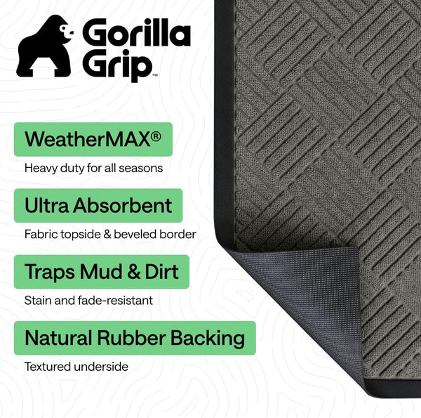GORILLA GRIP 100% Waterproof All-Season WeatherMAX Doormat US Designed Natural Rubber, Stain Fade Resistant, Low Profile Indoor Outdoor Door Mats,