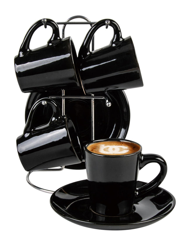 Bene Casa Black 9-Pc Espresso Set W/Metal Stand, 4 Espresso Cup Set, Cup & Saucer Set, Color Negro Juego De 4 Tazas Y 4 