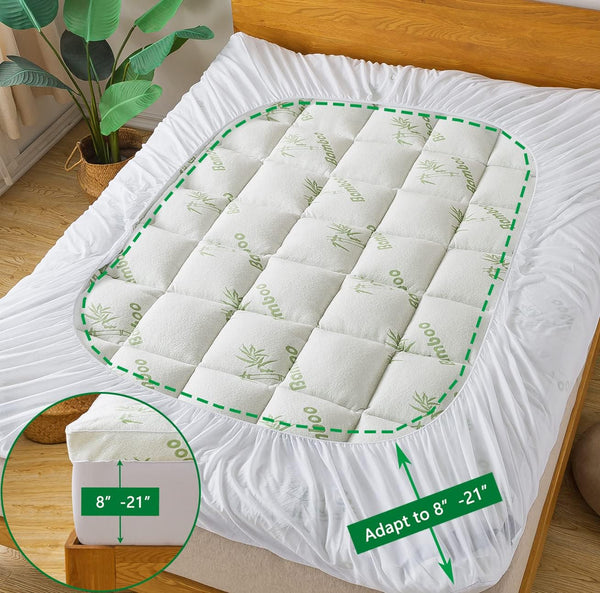Bamboo_Viscose Mattress Topper Twin Size, Cooling Extra Thick Breathable Mattress pad, 8-21”Deep Pocket Soft Quilted Fitted Mattress Cover with