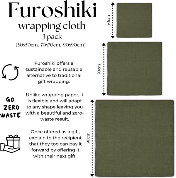 The Useless Brand Furoshiki Wrapping Cloth | Reusable Cotton Fabric Gift Wrap Paper | Pack of 3 (50x50cm, 70x70cm, 90x90cm) (Army Green)