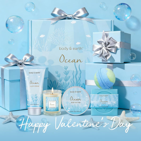 Gifts for Women, Bath and Body Womens Gift Sets with 5 Pcs Ocean Scented Spa Gifts for Women Bath Gift with Scented Candle Body Butter Hand Cream