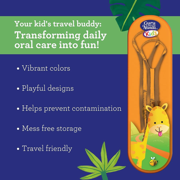 GuruNanda Kids Tongue Scraper (2-Pack) with Travel Case, Stainless Steel, Aids in Fresh Breath - Travel-Friendly Tongue Cleaner