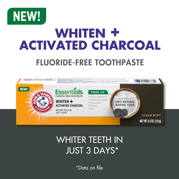 ARM & HAMMER Essentials Fluoride-Free Toothpaste, Whitening + Activated Charcoal Toothpaste, 4 Pack of 4.3oz Tubes, Clean Mint, 100% Natural