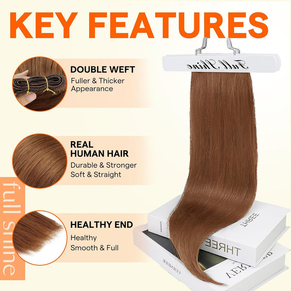 Full Shine 14 Inch Weft Hair Extensions 100G Copper Brown Remy Human Hair | Machine Tied Weft, Sew In Hair Extensions, Copper Brown Shade,