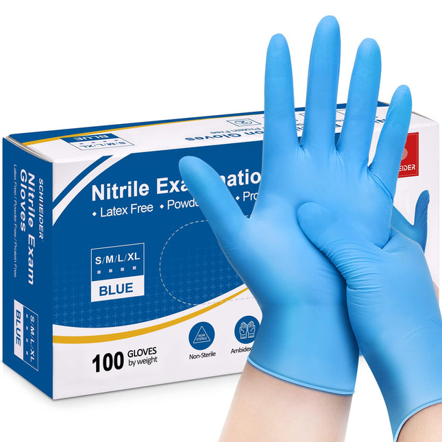 Schneider Nitrile Exam Gloves, Blue, 4 Mil, Powder-Free, Latex-Free, for Medical