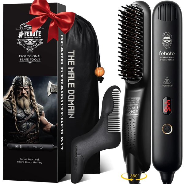 Heated Ionic Hair Straightening Brush for Men - 5 Temperature Settings, Anti-Scald, Beard Shaper & Travel Bag Black