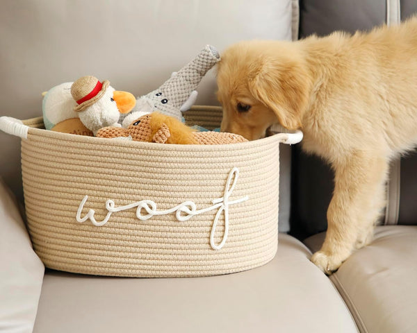 Woof Woven Rope Storage Baskets, Pet Dog Toy Bin Box Perfect for organizing Chew Toys Blankets leashes, Dog Toy holder Cotton Basket Puppy Bins beige