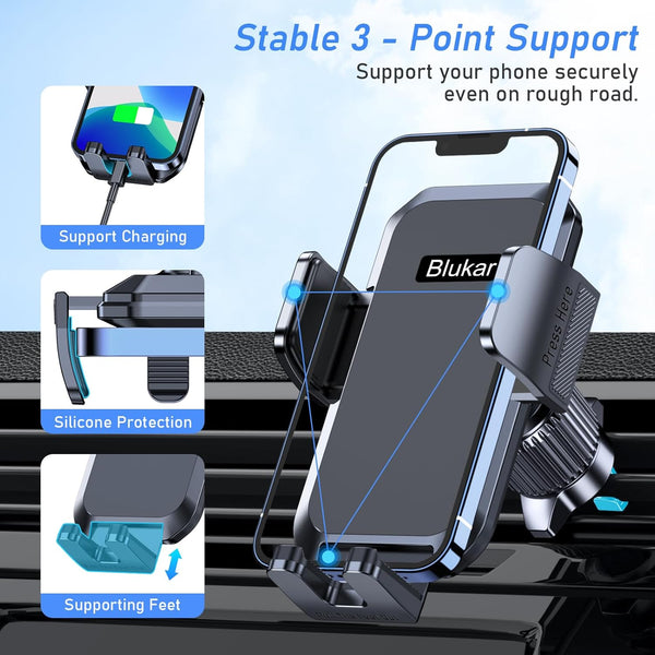 Car Phone Holder Mount, Super Stable Air Vent Cell Phone Car Mount with 2025 Metal Hook Clip, 360Â° Rotation,One Button Release for Iphone,