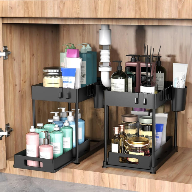 Under Sink Organizers and Storage, 2 Pack Large Capacity Heavy Load Pull-Out under Sink Shelves with Sliding Drawer for 
