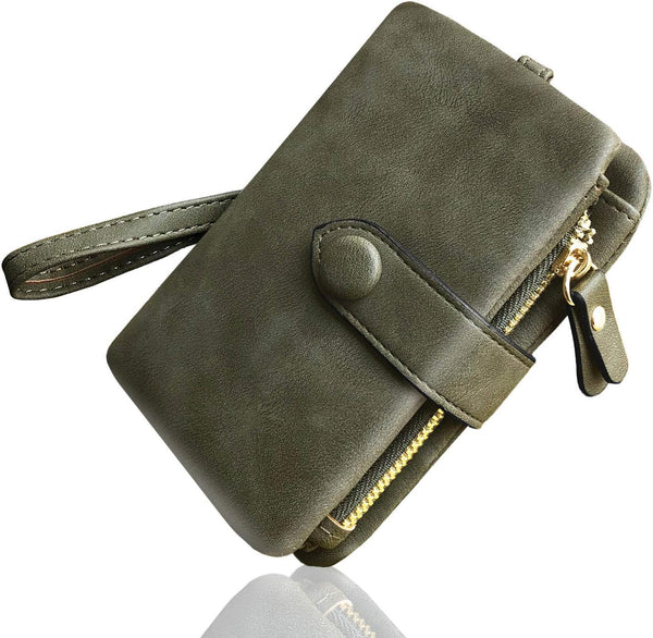 AOXONEL Women's Small Bifold Leather wallet Rfid blocking Ladies Wristlet with Card holder id window Coin Purse Small Army Green