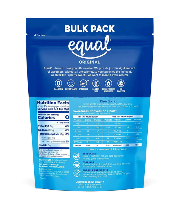 EQUAL 0 Calorie Sweetener, Powdered Aspartame and Acesulfame-K Sweetener, Zero Calorie Sugar Alternative, Erythritol Free, 1 Pound Bulk Bag (Pack