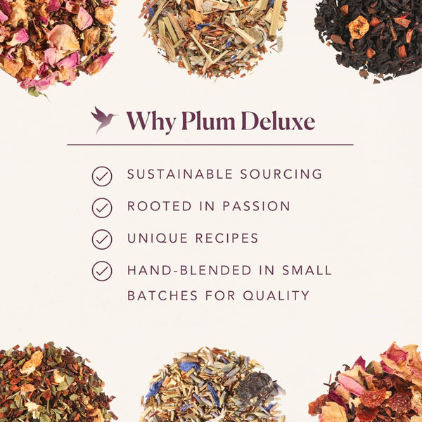 Plum Deluxe Loose Leaf Tea Sampler â 5 Whole Leaf Blends with Caffeine: CrÃ¨me Brulee Earl Grey, Peach Oolong, Green Citrus Mint, Pecan & Floral