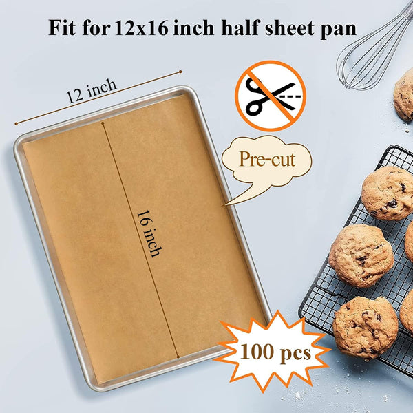 DISSKNIC 100PCS Unbleached Parchment Paper 12 x 16, Precut for Baking, Half Sheet for Cookie Sheets, Kitchen Gadgets and Supplies for Oven