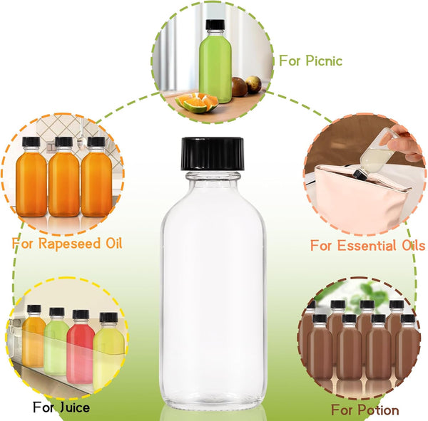 8 Pack, 2 Oz Small Clear Glass Bottles with Lid and Funnels - 60Ml Boston Shot Bottles with Caps, Immunity, Potion, Wellness, Sample, Ginger,