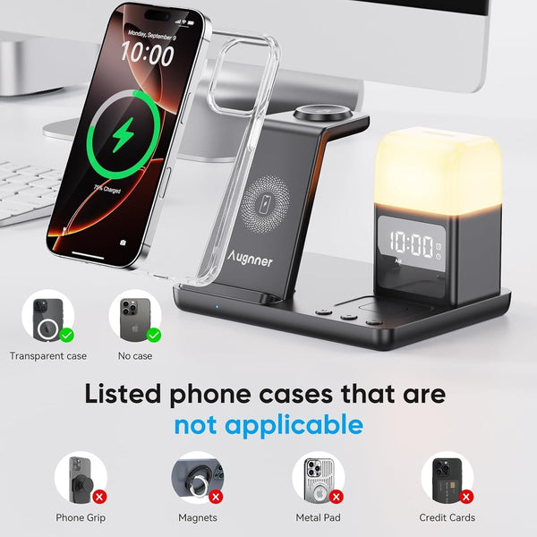 6 in 1 Wireless Charging Station with Clock & Night Light，Alarm Clocks for Bedrooms,Wireless Charger Stand with Beside Clock for iPhone