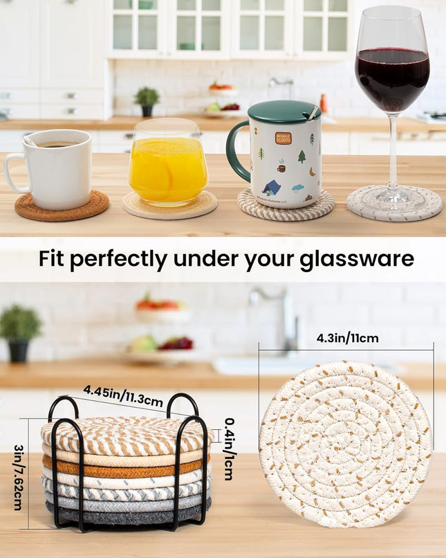 8 Pcs Drink Coasters with Holder, 8 Colors Absorbent Coasters for Drinks Minimalist Cup Coasters Cotton Coaster Set Wove