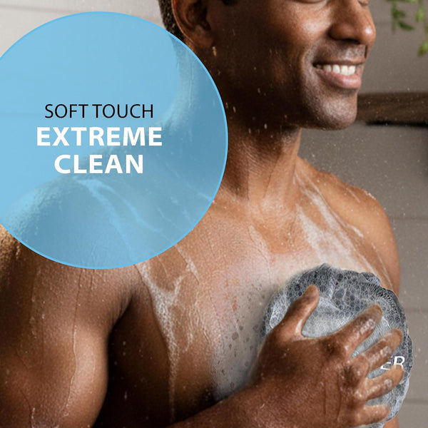 SHOWER BOUQUET Loofah-Charcoal Bath-Sponge-4-Pack Extra-Large 75g Soft Mesh | Black Luffa Loufa Loofa Puff Set / Exfoliating Body Scrubber Lufas