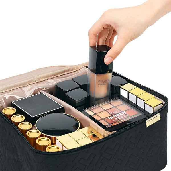 NISHEL Large Makeup Bag Organizer, Double Layer Cosmetic Travel Case Black Large