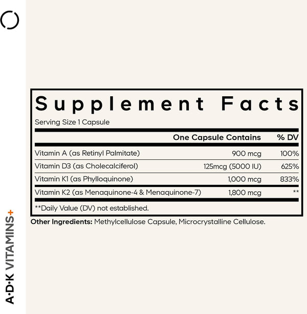 Codeage ADK Vitamins Supplement - Essential Vitamin A, D3 5000 IU, K1 & K2 (MK4 & MK7) - 6-Month Supply - 1 Capsule per Serving, Non-GMO,