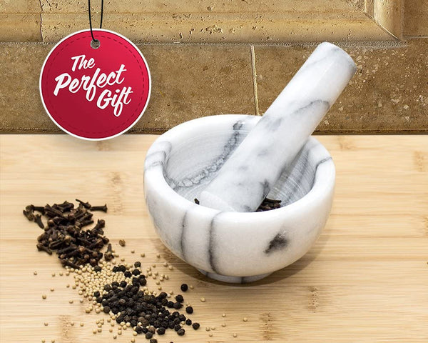 Greenco Mortar and Pestle Set, White Marble Stone Mortar and Pestle Grinding Bowl, Small 4.5 Inches, Kitchen Essential for Spices, Guacamole and