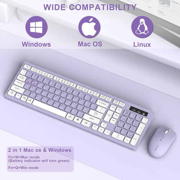 Wireless Keyboard and Mouse Combo Silent for Office and Home(Purple)