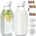 Milk Bottle with Dispenser Cap, 100% Airtight Heavy Duty Screw Lid. 2 Pack 32 Oz Reusable Glass Bottles with 3 Lids! Breast Milk Jug Pitcher,