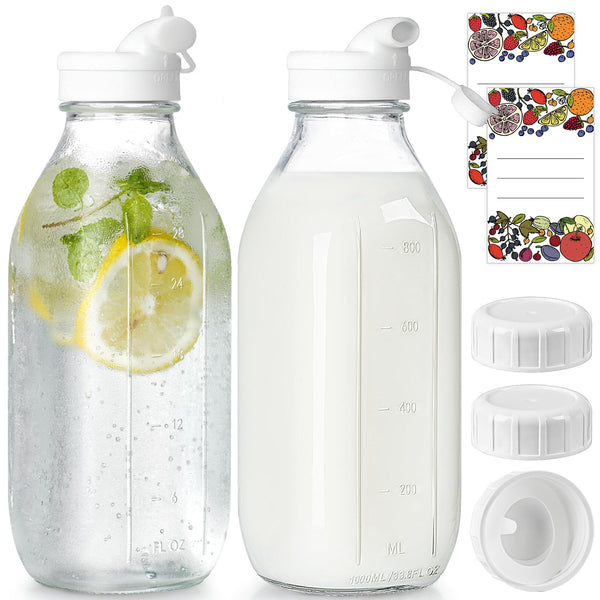Milk Bottle with Dispenser Cap, 100% Airtight Heavy Duty Screw Lid. 2 Pack 32 Oz Reusable Glass Bottles with 3 Lids! Breast Milk Jug Pitcher,