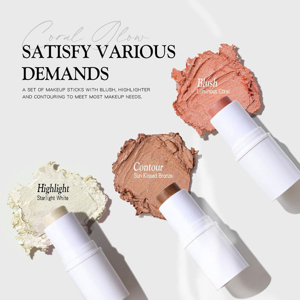 bayfree 3 PCS Makeup Cream Contour Stick Set, Highlighter Stick & Bronzer Stick & Blush Stick, Long Lasting, Natural Face Contour, Dewy & Matte