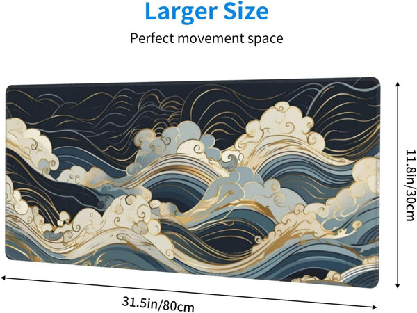 Abstract Japanese Ocean Waves Gaming Mouse Pad XL, Large Non Slip Rubber Mousepad, Stitched Edges Mouse Pads, Long Extended Mouse Pad,31.5'' X 11.8''