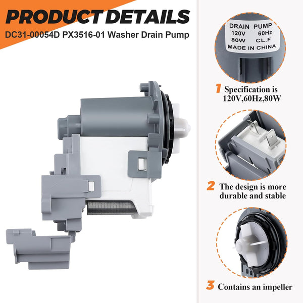OEM DC31-00054D DC31-00187A PX3516-01 Washer Drain Pump UPGRADE For Samsung Washer - Replace PX3516-01 DC31-00178D DC97-20621A AP5583541