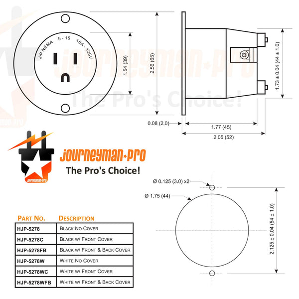 Journeyman-Pro 5278 15 Amp 120-125 Volt, NEMA 5-15 Flanged Inlet, Black Commercial Grade, 2 Pole-3 Wire, Straight Blade Plug Charger Receptacle No