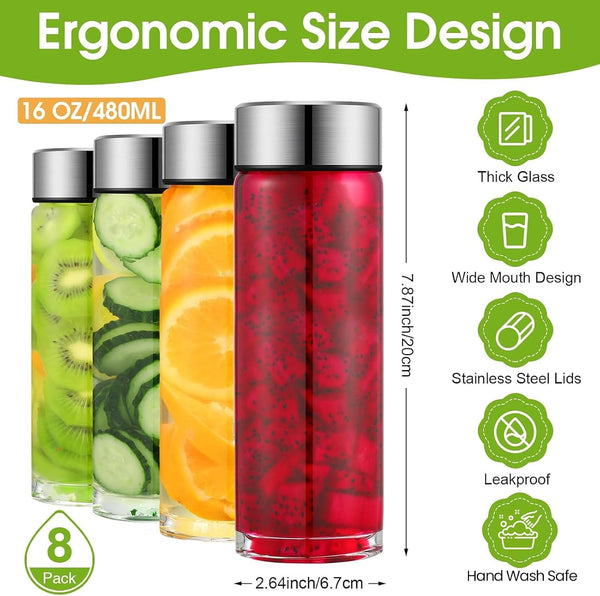 8 Pcs 16 oz Wide Mouth Glass Water Bottles Reusable Glass Juice Bottles with Lids Leakproof Juicing Jars with Silver Lids for Fridge Milk Juicing