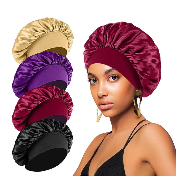 4PCS Silk Bonnet for Sleeping,Hair Wrap Satin Bonnets Shower Cap for Black Women Men, Elastic Wide Band Hair Bonnet Cap for Sleeping Curly