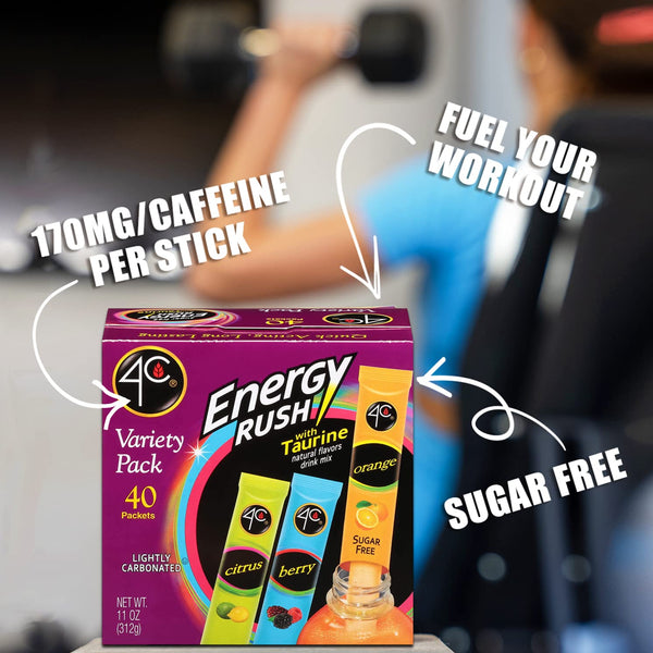 4C Energy Rush Stix, Variety 1 Pack, 40 Count, Single Serve Water Flavoring Packets, Sugar Free with Taurine, On the Go Bundle (20 Berry, 10