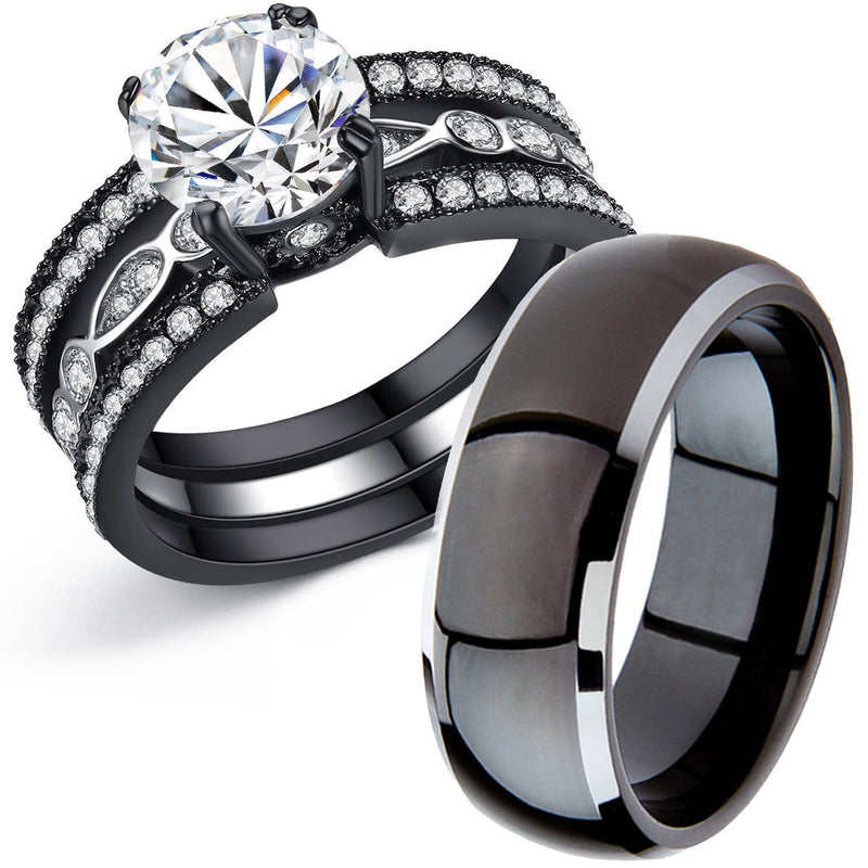MABELLA Couple Rings Black MenâS Titanium Matching Band Women CZ Stainless Steel Engagement Wedding Sets