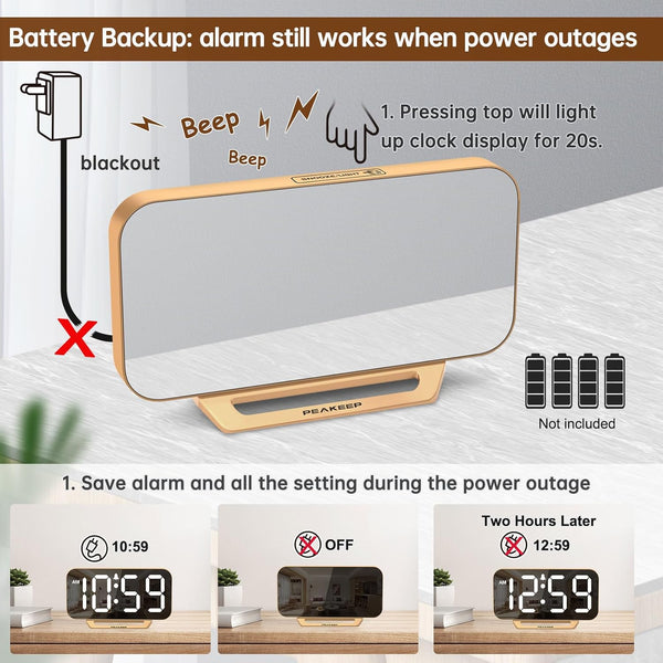 Peakeep Slim Digital Mirror Aesthetic Alarm Clock for Bedrooms Desk Decor - Plug in Electric Big LED Modern Small Clock for Office Living Room,