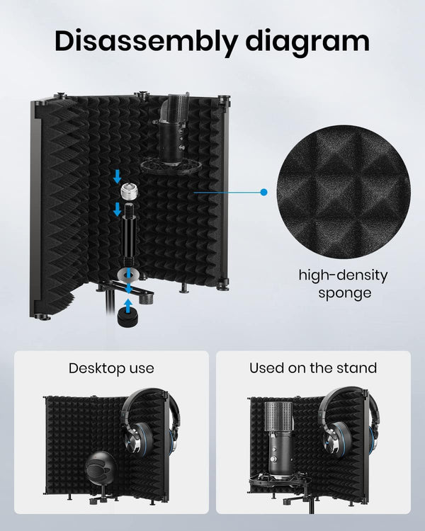 Moukey Microphone Isolation Shield, Foldable Mic Shield with Triple Sound Insulation, Reflection Filter with 3/8" and 5/8" Mic Threaded Mount for