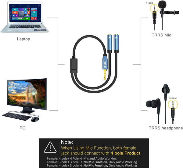 Millso Headset Splitter for 2 TRRS Headphones or Mics - 3.5Mm Jack Adapter TRRS 4-Pole Splitter Male to 2 Dual Female Adapter