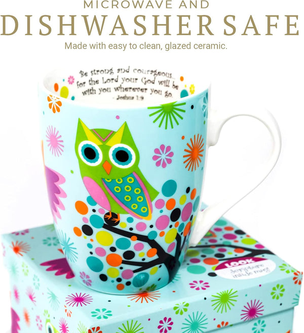 Divinity Boutique Owl Mug - Inspirational Ceramic Coffee Mug with Scripture for Women, Mom, Friends, Owl Lovers that is Colorful and Dishwasher
