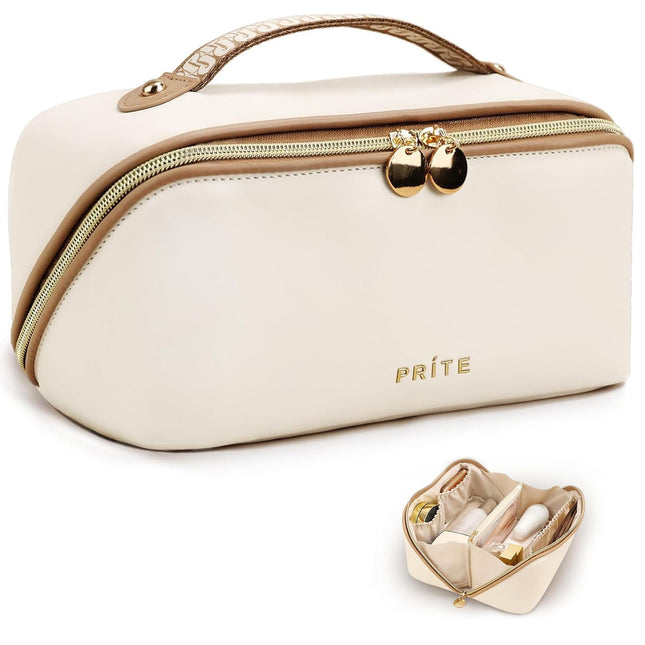 Prite Makeup Bag for Women Travel Waterproof Vegan Leather Cosmetic Bag Open Fla